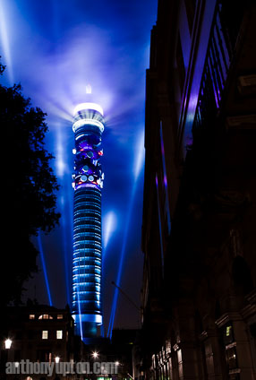 20091101         Copyright image 2009©
BT TOWER GETS FACE-LIFT 

BT has installed a giant electronic information band at the top of the iconic BT Tower in London. The 360 degree LED array – which is believed to be the highest of its kind in Europe and the Americas – will be switched on for the first time this evening with a pyrotechnic display and a message to celebrate 1000 days to go to London 2012 Olympic Games.

For BT press information please contact the BT Group Newsroom on its 24-hour number: 020 7356 5369. From outside the UK dial + 44 20 7356 5369.  All news releases can be accessed at our web site: http://www.bt.com/newscentre
For photographic enquiries please call Anthony Upton 07973 830 517 or email info@anthonyupton.com 
This image is copyright Anthony Upton 2009©.
This image has been supplied by Anthony Upton and must be credited Anthony Upton. The author is asserting his full Moral rights in relation to the publication of this image. All rights reserved. Rights for onward transmission of any image or file is not granted or implied. Changing or deleting Copyright information is illegal as specified in the Copyright, Design and Patents Act 1988. If you are in any way unsure of your right to publish this image please contact Anthony Upton on +44(0)7973 830 517 or email: <info@anthonyupton.com>