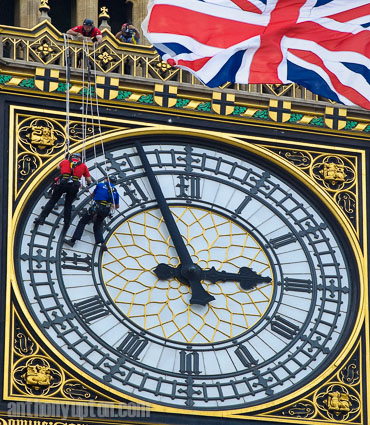 20100812                 Copyright image 2010©
High access specalists from Taskmasters abseiled down St Stephens Tower, which houses the bell Big Ben in London today . The clock faces are set in an iron frame 7 metres (23 ft) in diameter, supporting 312 pieces of opal glass and at the base of each clock face in gilt letters is latin inscription.


 
Mandatory Credit Ant Upton otherwise additional charges will apply.
For photographic enquiries please call Anthony Upton 07973 830 517 or email info@anthonyupton.com 
This image is copyright Anthony Upton 2010©.
This image has been supplied by Anthony Upton and must be credited Anthony Upton. The author is asserting his full Moral rights in relation to the publication of this image. All rights reserved. Rights for onward transmission of any image or file is not granted or implied. Changing or deleting Copyright information is illegal as specified in the Copyright, Design and Patents Act 1988. If you are in any way unsure of your right to publish this image please contact Anthony Upton on +44(0)7973 830 517 or email: <info@anthonyupton.com>